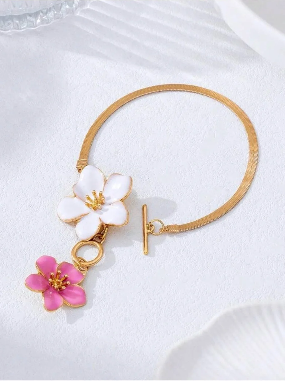 Gold Floral Anklet White & Pink Flower Charm Beach Boho Summer Jewelry